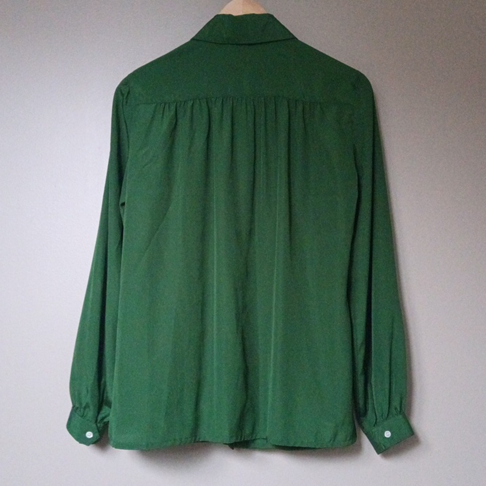 Ptp21" Vintage Flowy Green Long Sleeve Ruched Button Blouse - Picture 12 of 15